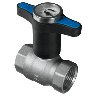 ::Кран кульовий HERZ 3/4" ВВ пластикова Т-подібна ручка з термометром, синя